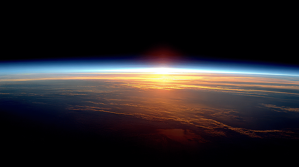 A high resolution photograph of Sunrise viewed from space over the Earth's horizon.
