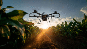 Drone flying over farmland